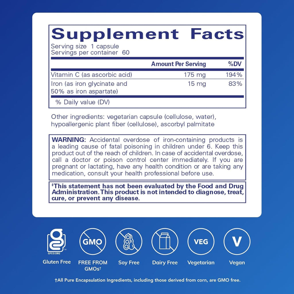 Pure Encapsulations Iron-C - 15 mg - 175 mg Vitamin C - Red Blood Cell Support* - Energy Production - Highly Bioavailable Iron Pill - Gluten Free & Vegan - Image 2