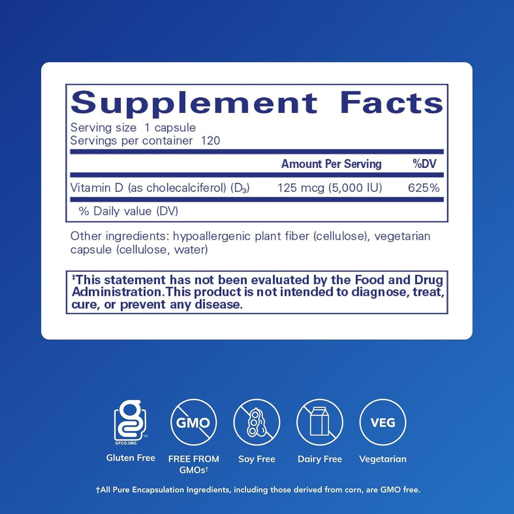 Pure Encapsulations Vitamin D3 125 mcg (5,000 IU) - Supplement to Support Bone, Joint, Breast, Heart, Colon, and Immune Health* - with Vitamin D - Image 2