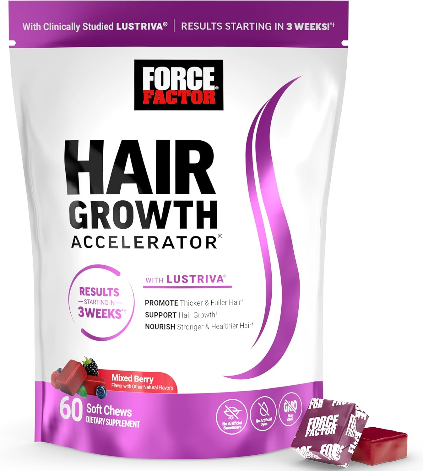 Force Factor Hair Growth Accelerator Soft Chews, Hair Growth Vitamins for Women and Men with Clinically Studied Lustriva and Biotin, Promotes Thicker, Fuller, Stronger Hair, Mixed Berry, 60 Soft Chews - Image 1