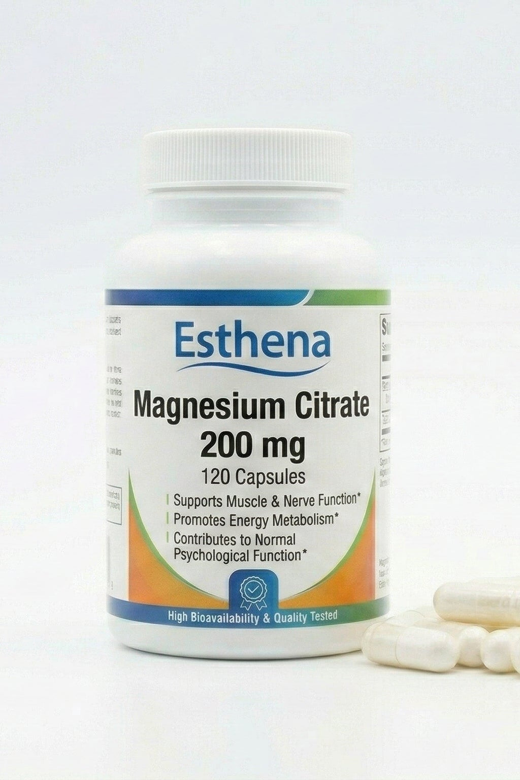 Esthena Magnesium Citrate supplement bottle with capsules on a white background