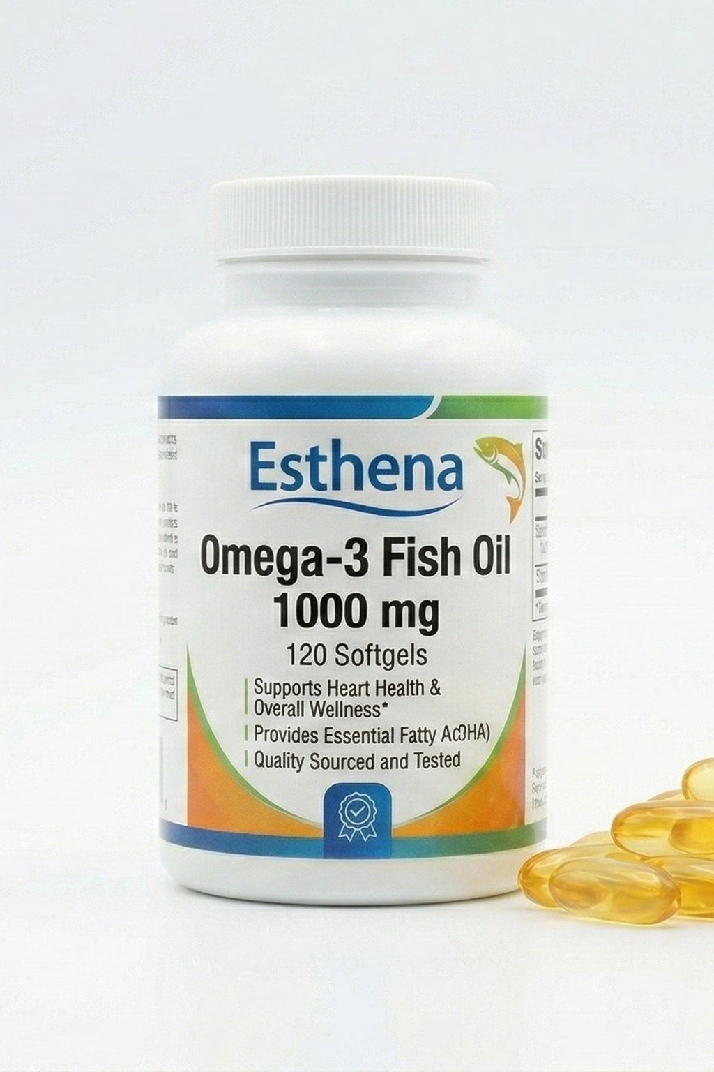 Esthena Omega-3 Fish Oil supplement bottle with softgels on a white background