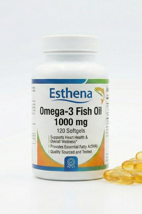 Esthena Omega-3 Fish Oil supplement bottle with softgels on a white background